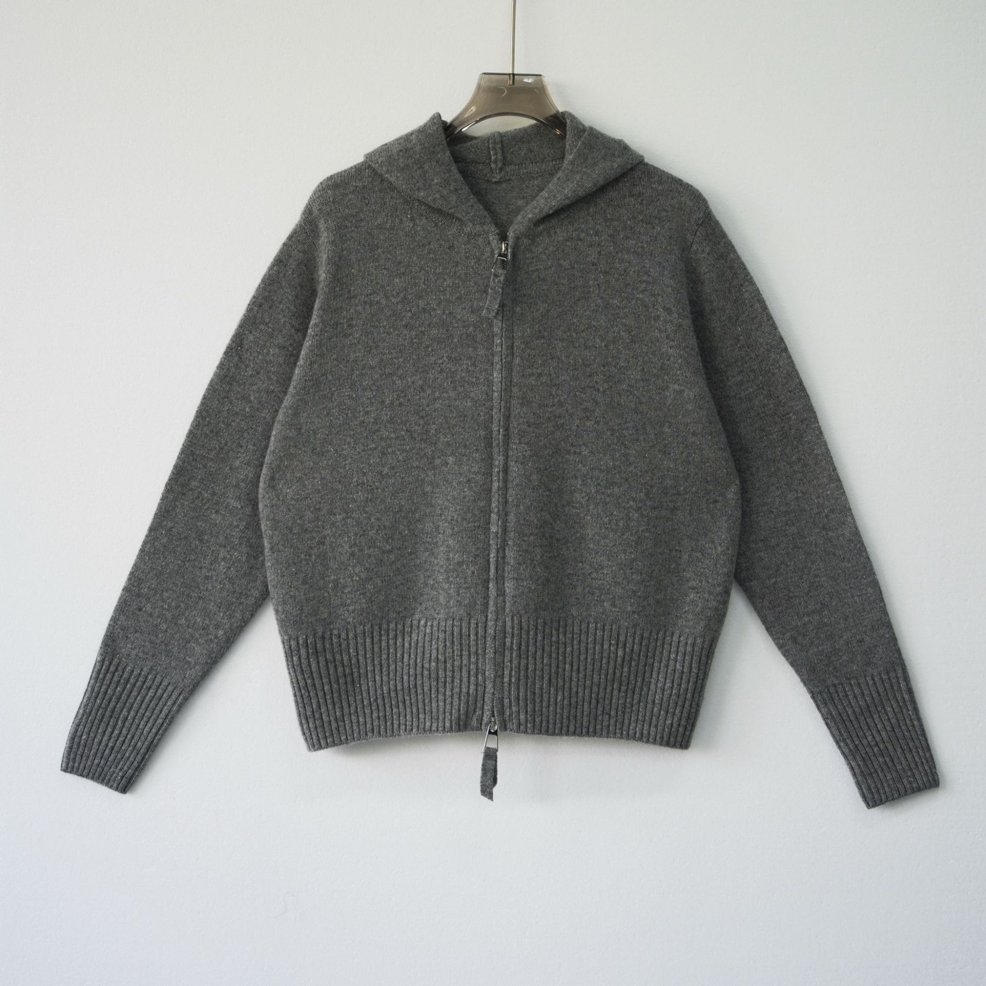 Cute demi-season design woolen cardigan with zipper with hood, western style, trend of season 2
