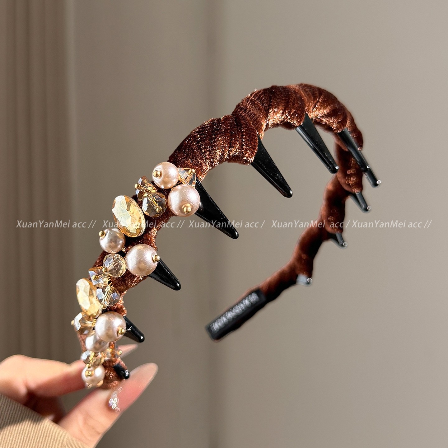 Brown velvet bead and rhinestone headband