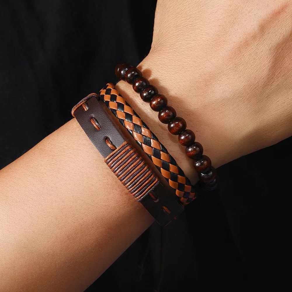 Wholesale European and American Fashion Hand-Woven Bracelets, Retro Leather Bracelets, Adjustable Multi-Layer Set for Men and Women