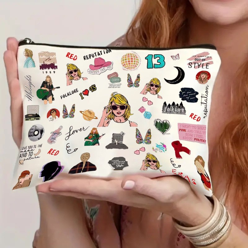 Bolsa de Cosméticos Impermeable de Lino con Estampado Doble Cara de Taylor Swift, Venta Directa de Fábrica, Éxito de Ventas en Amazon Internacional