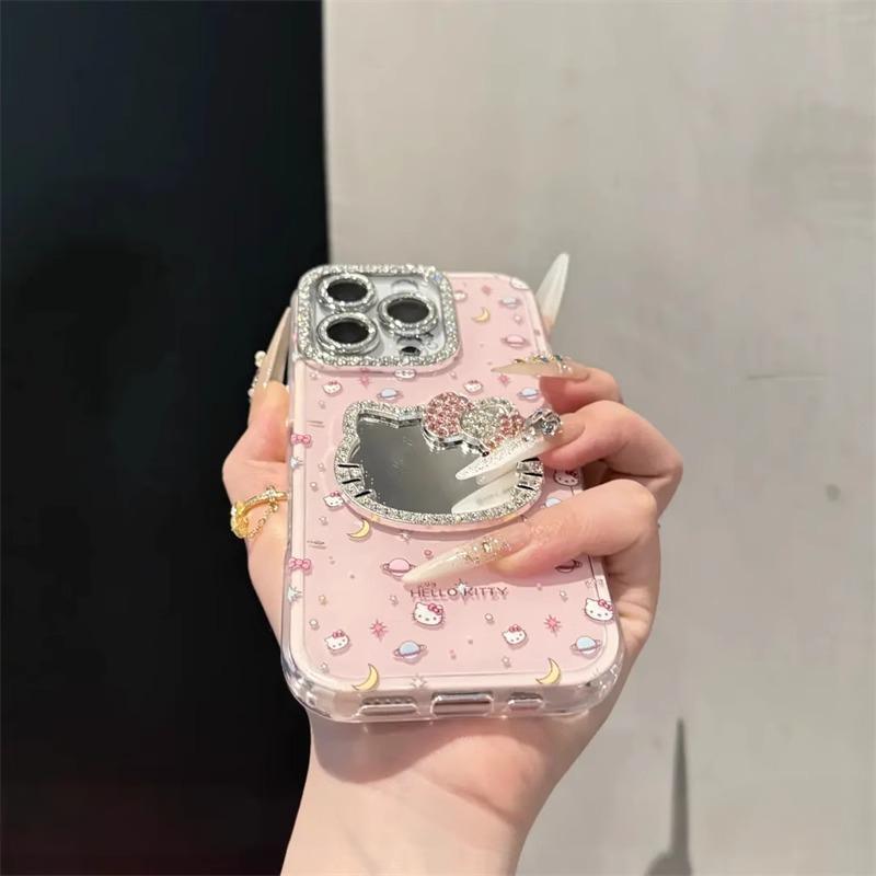 镶钻kitty猫镜子适用苹果16promax手机壳新款iPhone15Pro高级14pl|undefined