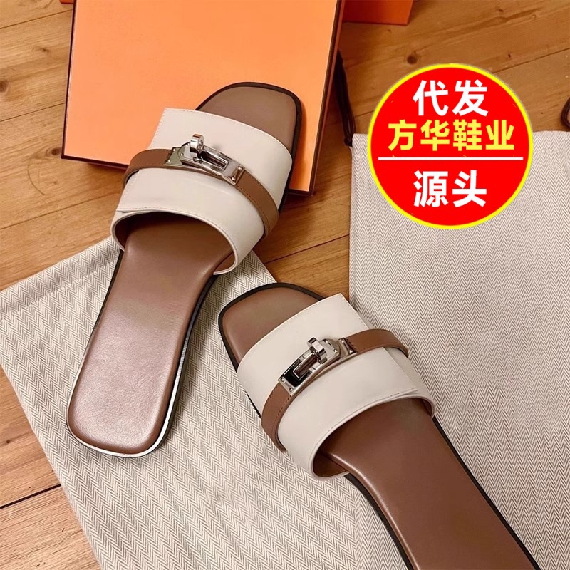 高质量高级感小金扣一字拖鞋女夏外穿软皮平底半拖鞋法式小凉拖