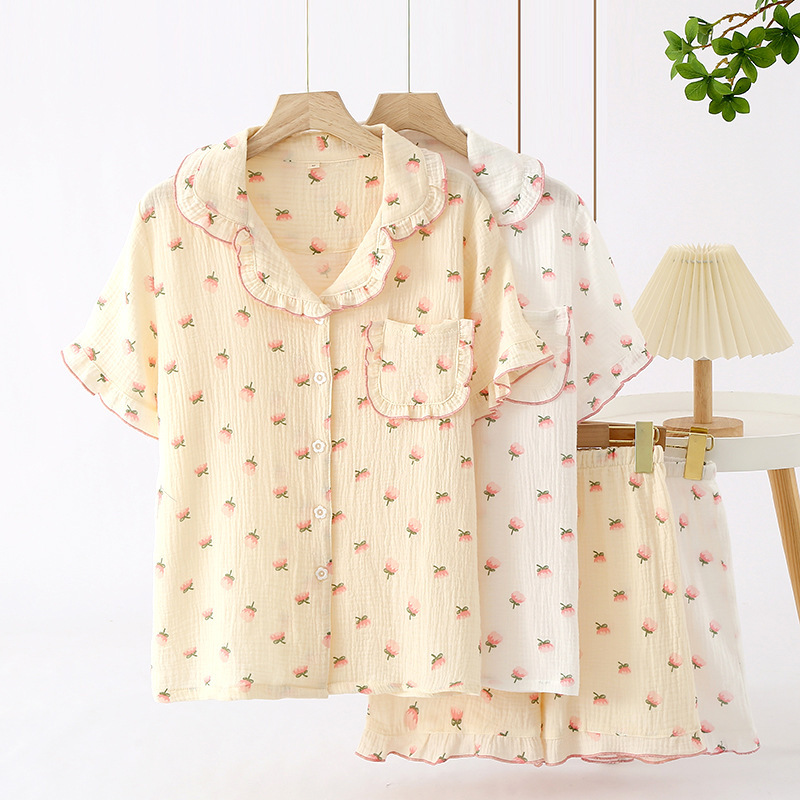 Pajamas Women's Summer Short-sleeved Shorts Pure Cotton Double-layer Gauze Sweet Women's Home Clothes Thin Sweat-absorbent Two-piece Suit