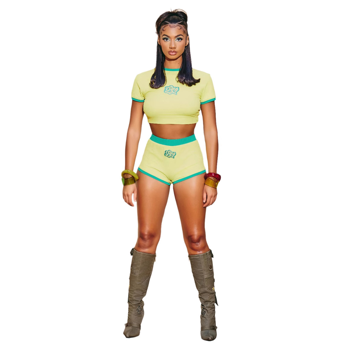 25 Cross-border Supply Europe and the United States New Embroidered Hot Girl Short Short Sleeve Women's Casual Shorts suit