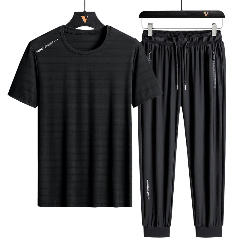Traje de seda helada L-8X para hombre, conjunto deportivo de verano de manga corta, talla grande, holgado, de secado rápido, conjunto casual de dos piezas para hombre
