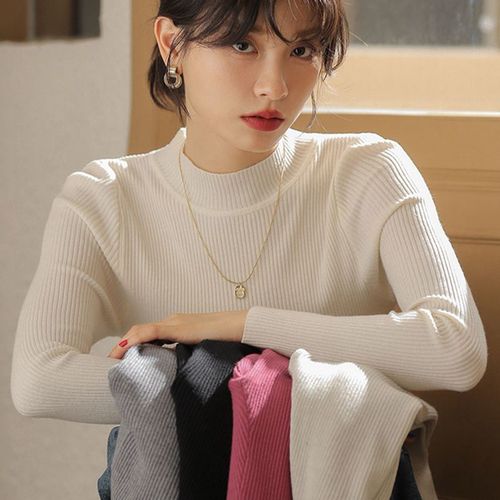 Long-sleeved turtleneck knit top, unisex, pure color, Korean style, semi-high collar, slim fit, women's outerwear.