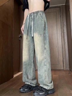 潮牌牛仔裤男美式宽松抽绳直筒休闲长裤子韩版潮流复古阔腿裤百搭