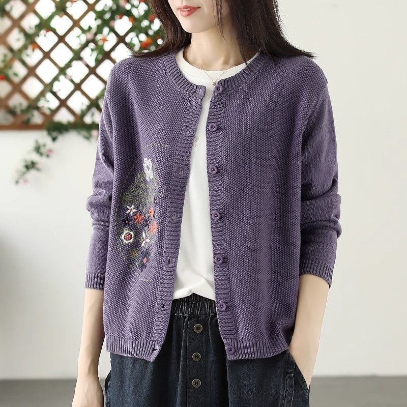 [Cashmere Family] Solid Color Round Neck Cardigan for Women, Loose Embroidered Sweater, Knitted Short Jacket, Thin Style for Spring and Autumn