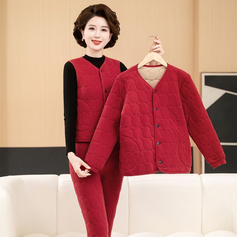 三件套保暖套装中年女装冬季新款蚕丝棉外穿高档棉服妈妈装两件套|undefined