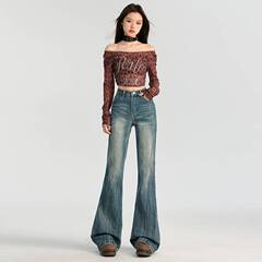 批季弹力高腰辣妹做旧猫须拼接设计感修身百搭拖地马蹄喇叭裤