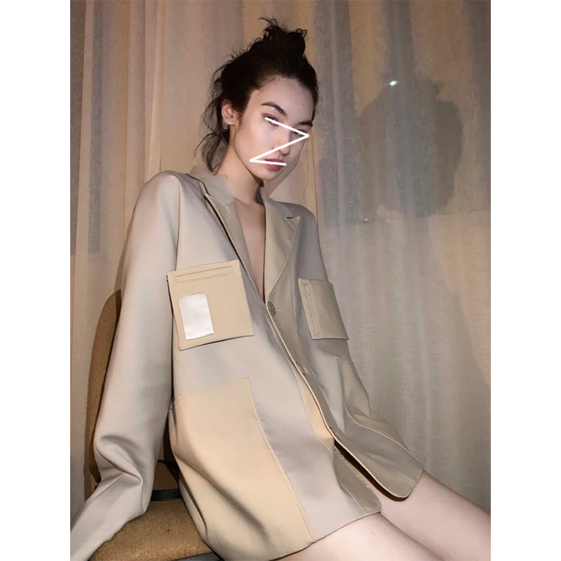 設計感立體口袋拼色緞面西裝外套21春夏新款炸街廓形單排扣西服潮
