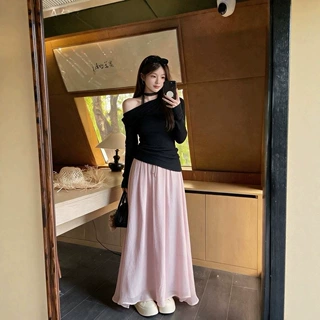 一字领露肩女秋冬高级感辣妹长袖T恤流沙珠光肌理高腰大摆半身裙