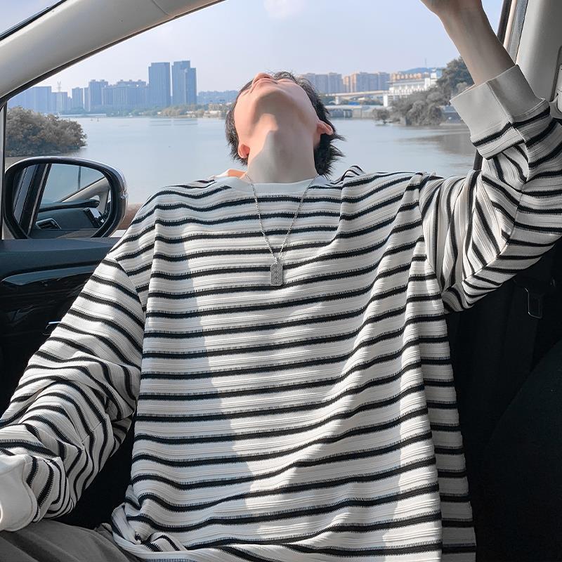 黑白条纹长袖T恤男春秋潮牌美式圆领衣服宽松痞帅重磅内搭打底衫|undefined