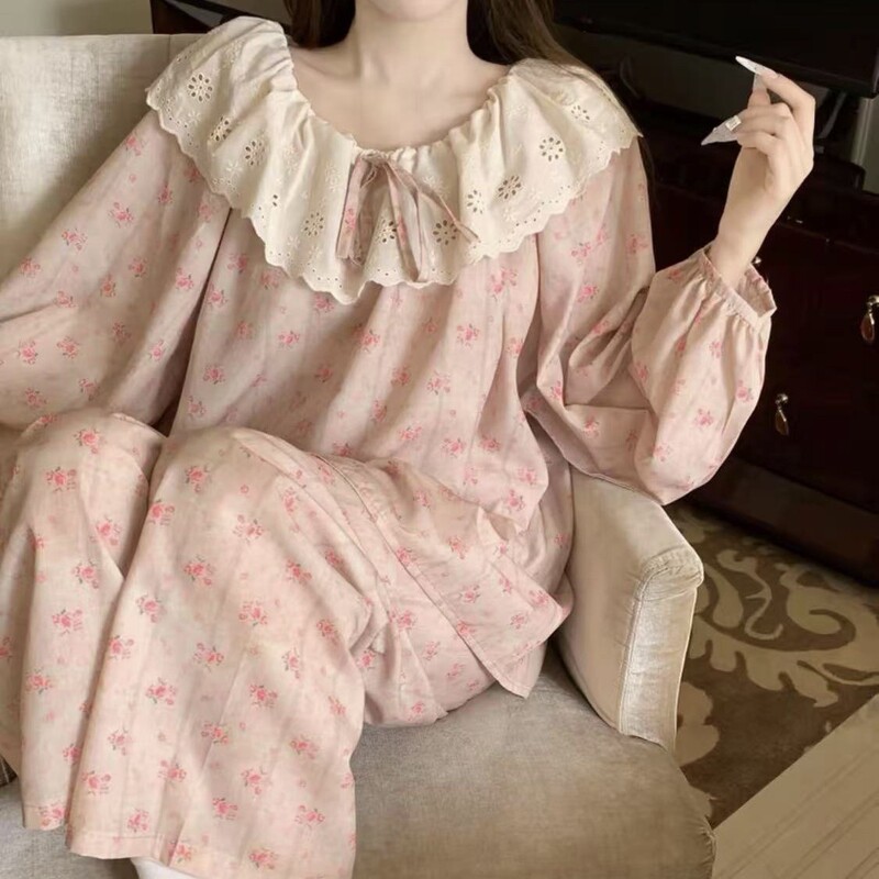 跨境外贸爆款韩版甜美大翻领蕾丝花边睡衣女春秋外穿家居服女套装|undefined
