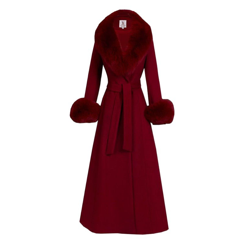 Кашемировое пальто женский зимний новый импортный двухсторонний твидовой ткани на коленях с поясом лиса шерстяной воротник тонкая куртка