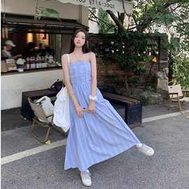 蓝色复古抹胸连衣裙女轻熟风无袖格纹吊带夏显瘦气质收腰裙子长裙