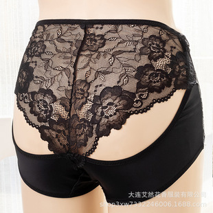 Manufacturers Wholesale Japanese Style New Fat MM Large Size Cut Out Exposed Buttocks Lace Ice Silk Sexy Mask Women's Panties