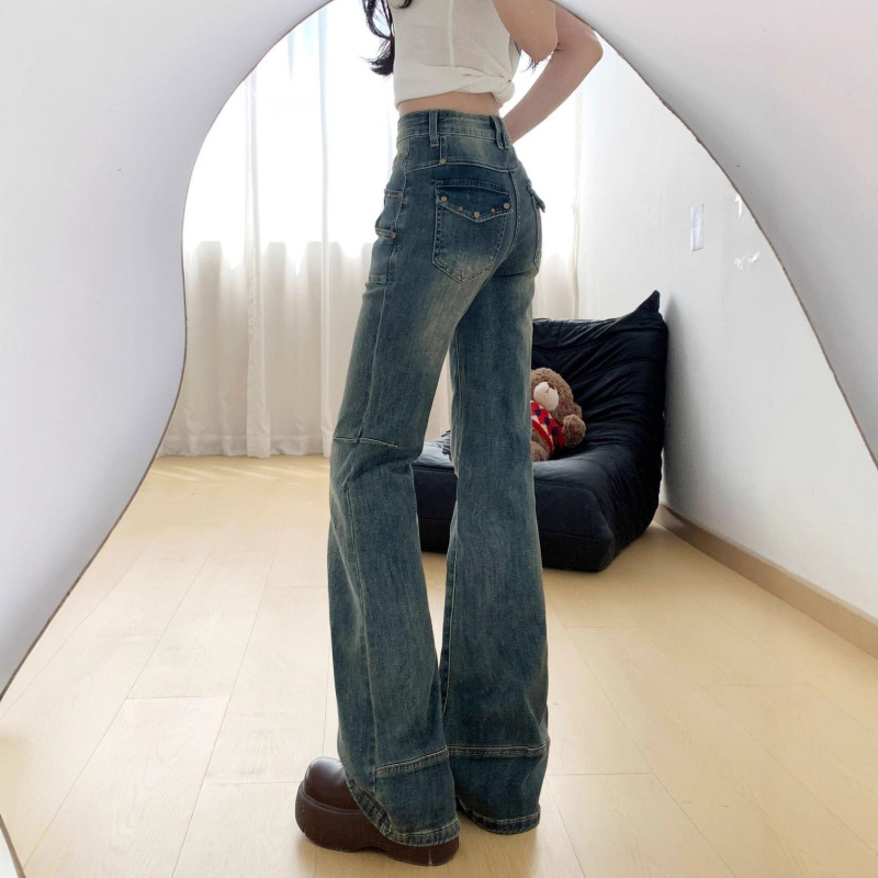 美式复古高腰微喇牛仔裤女2025秋季新款修身显瘦设计感马蹄喇叭裤|undefined