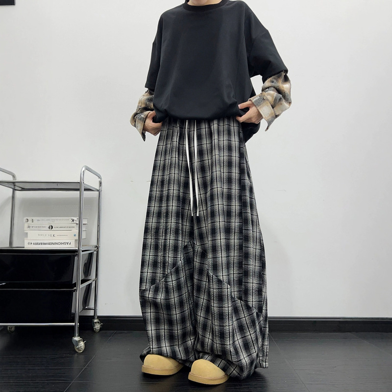 American-Style Lazy Style Plaid Wide-Leg Pants for Men, Autumn Thin Loose Straight Silhouette Versatile Casual Pants with Patchwork Waistband American-Style Lazy Style Plaid Wide-Leg Pants for Men, Autumn Thin Loose Straight Silhouette Versatile Casual Pants with Patchwork Waistband