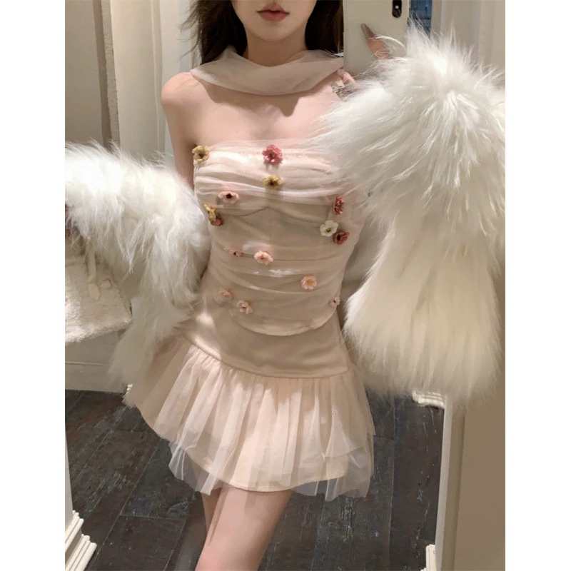 Настоящий выстрел в наличии розовый тяжелый промышленный трехмерный кружевной топ-юбка Fishbone + юбка из двух частей комплект костюм