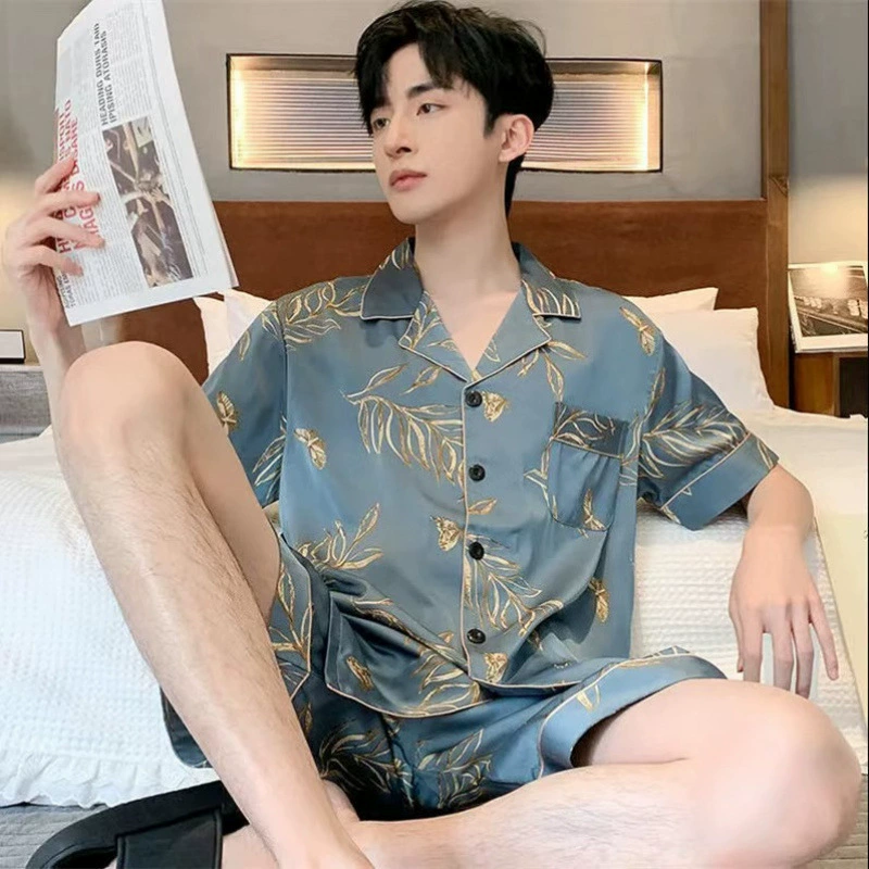 Высококачественные новые пижамы для мужчин, летние шорты из ледяного шелка с короткими рукавами, кардиган из искусственного шелка, мужской домашний костюм, летний костюм