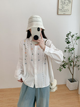 9525文艺元宝领向日葵刺绣贴花条长袖衬衫女2025秋装新款显瘦上衣