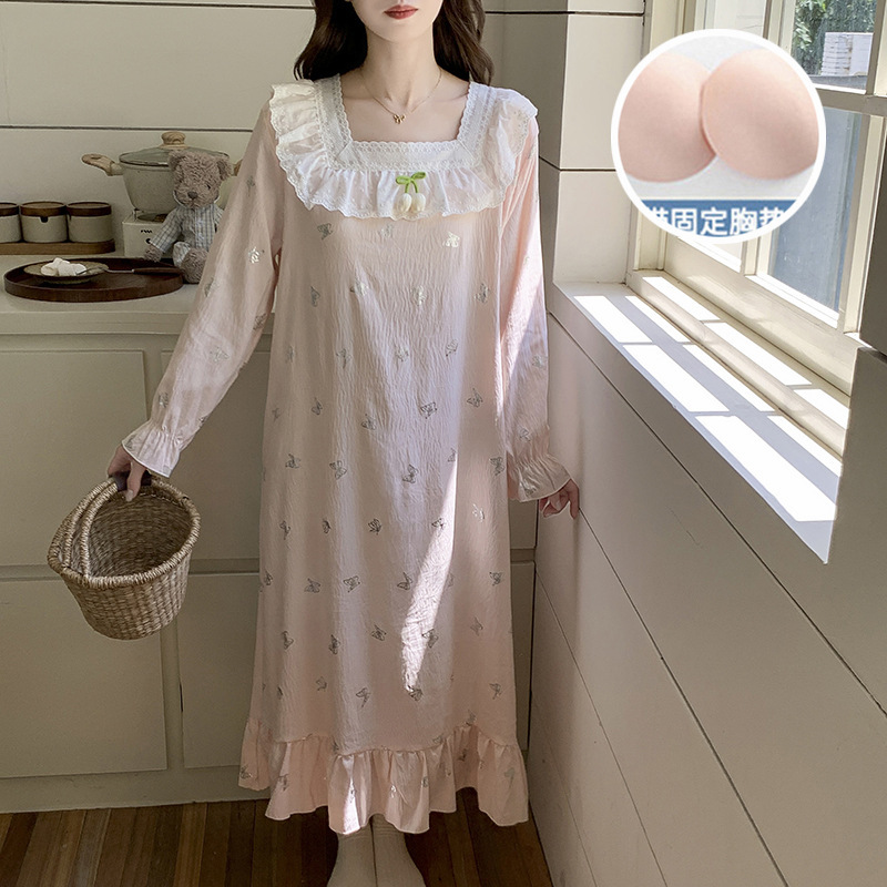 睡裙春秋季女款带胸垫云朵棉薄款长袖睡衣甜美公主风家居服可外穿|undefined