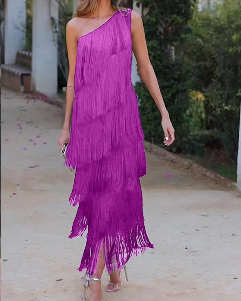 2024 Spring Summer New European And American Foreign Trade Fashion Tassel Asymmetric Off-Shoulder Dress Evening Gown_ecoleips.com