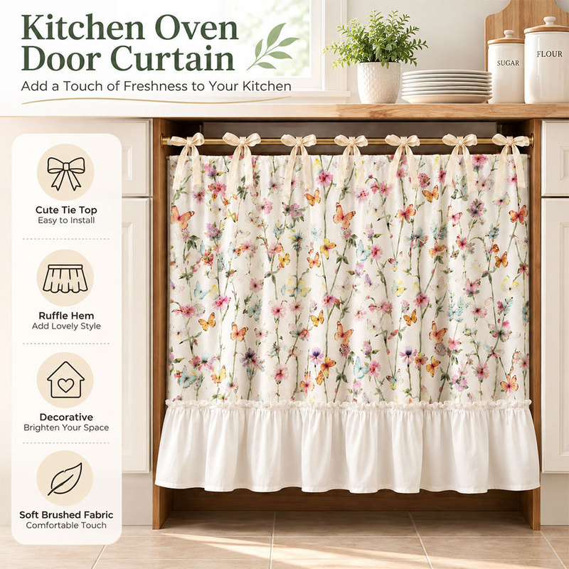 French-style oven curtain dust cover with ruffle trim, cross-border door curtain with tie-back decoration, short curtain for farmhouse stove French-style oven curtain dust cover with ruffle trim, cross-border door curtain with tie-back decoration, short curtain for farmhouse stove