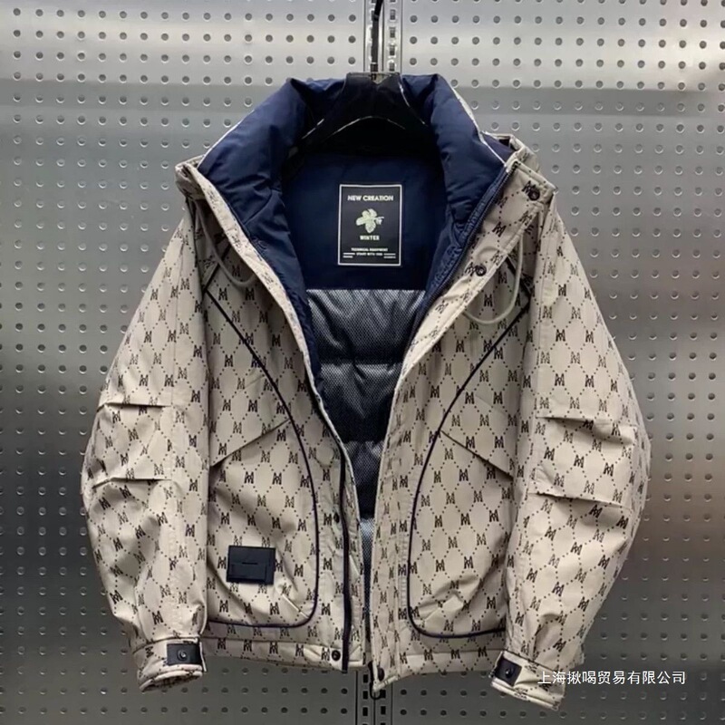 Men's down Printed Hooded Jacket, Winter Thickened New Style, Warm Workwear Casual Coat, Black Waterproof Men's down Printed Hooded Jacket, Winter Thickened New Style, Warm Workwear Casual Coat, Black Waterproof