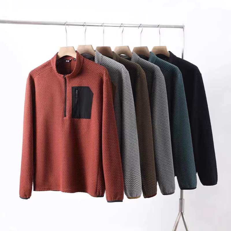 Factory Orders! Outdoor Casual Wave-Patterned Texture Mountaineering Half-Zip Stand Collar Fleece Pullover Sweatshirt for Men and Women