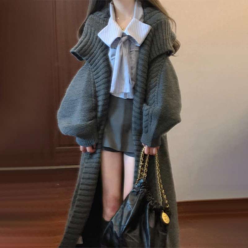慵懒风宽松中长款毛衣外套女秋冬装新款氛围感小个子针织开衫大衣