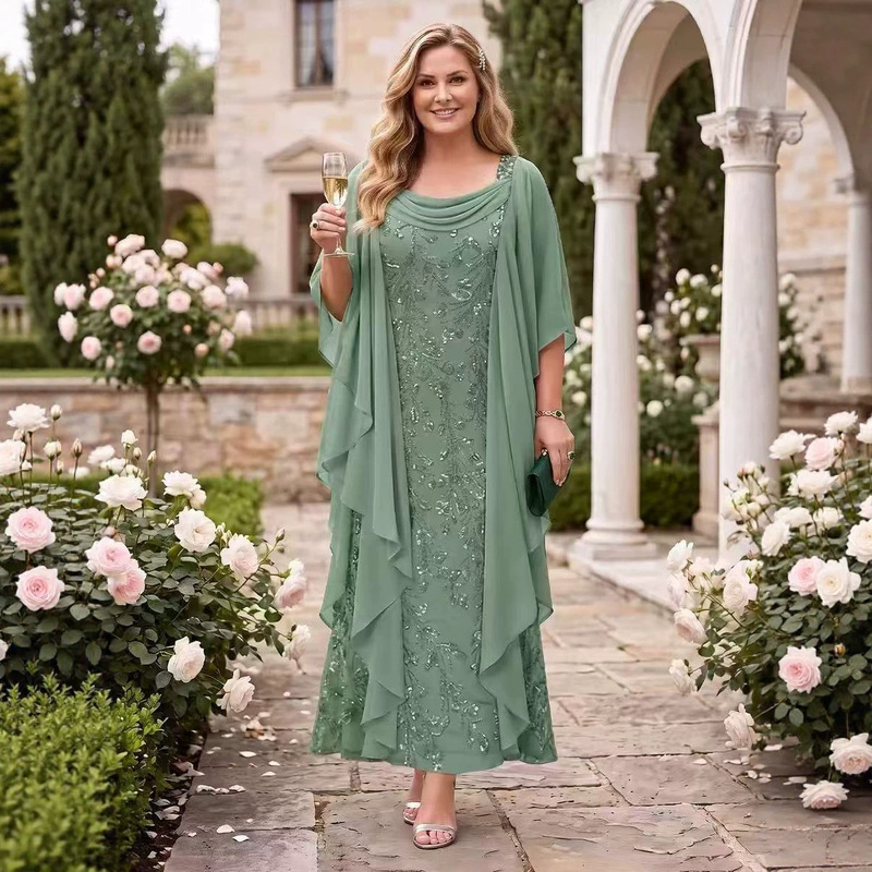 European and American plus-size mother's wedding dress, chiffon overlay with sequin embroidery, long gown for parties and gatherings, two-piece set European and American plus-size mother's wedding dress, chiffon overlay with sequin embroidery, long gown for parties and gatherings, two-piece set