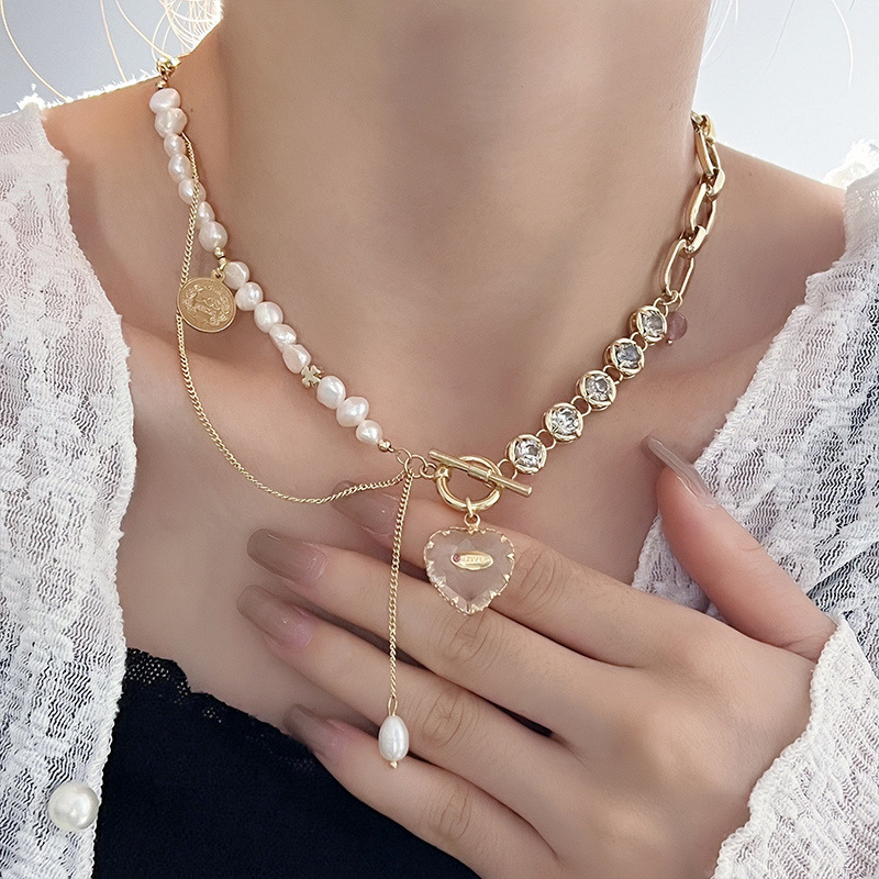 38g Weight 14K Gold Plated Plating Material Glass Pendant Material Necklace Classification Copper Chain Material 1 Piece Quantity Casual Occasion Freshwater Pearl Material Heart Shape Pattern Women's Gender Plating Design Fairy Style Style Fairy Style Heart Shape Freshwater Pearl Plating 14K Gold Plated Women's Necklace 无