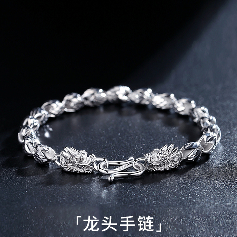 Dragon Head S999 Pure Silver Men's Bracelet, Dragon Year Bracelet, Dragon Bone Pure Silver Bangle for Men, High-End Birthday Gift