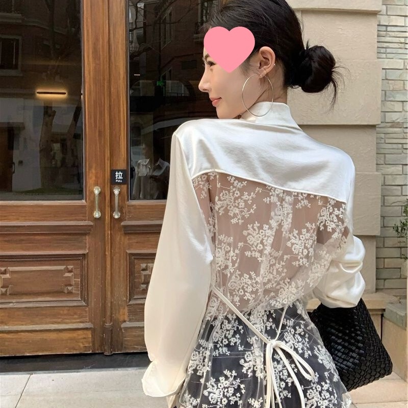 Sexy Lace Splicing Backless Long-Sleeved Shirt Design Strappy Shirt Summer Hot Girl Sun Protection Shirt Top for Women