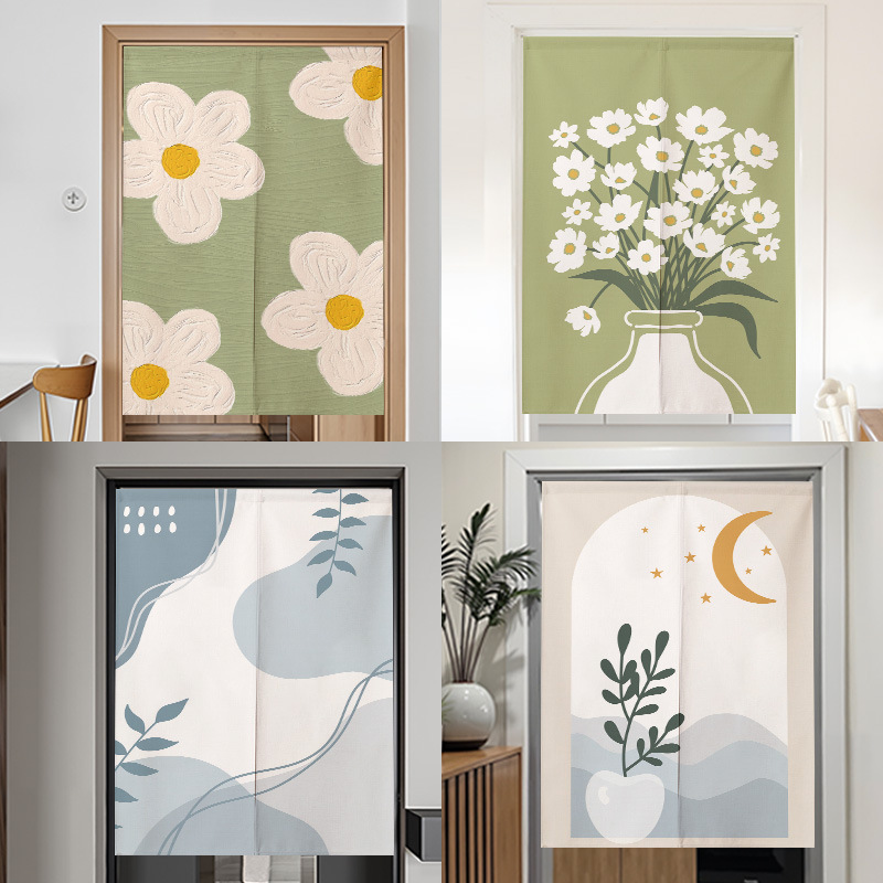 Artistic Floral Fabric Door Curtain Partition Curtain, No-Drill Installation, for Home Use in Bedroom, Kitchen, and Bathroom as a Half-Hanging Curtain
