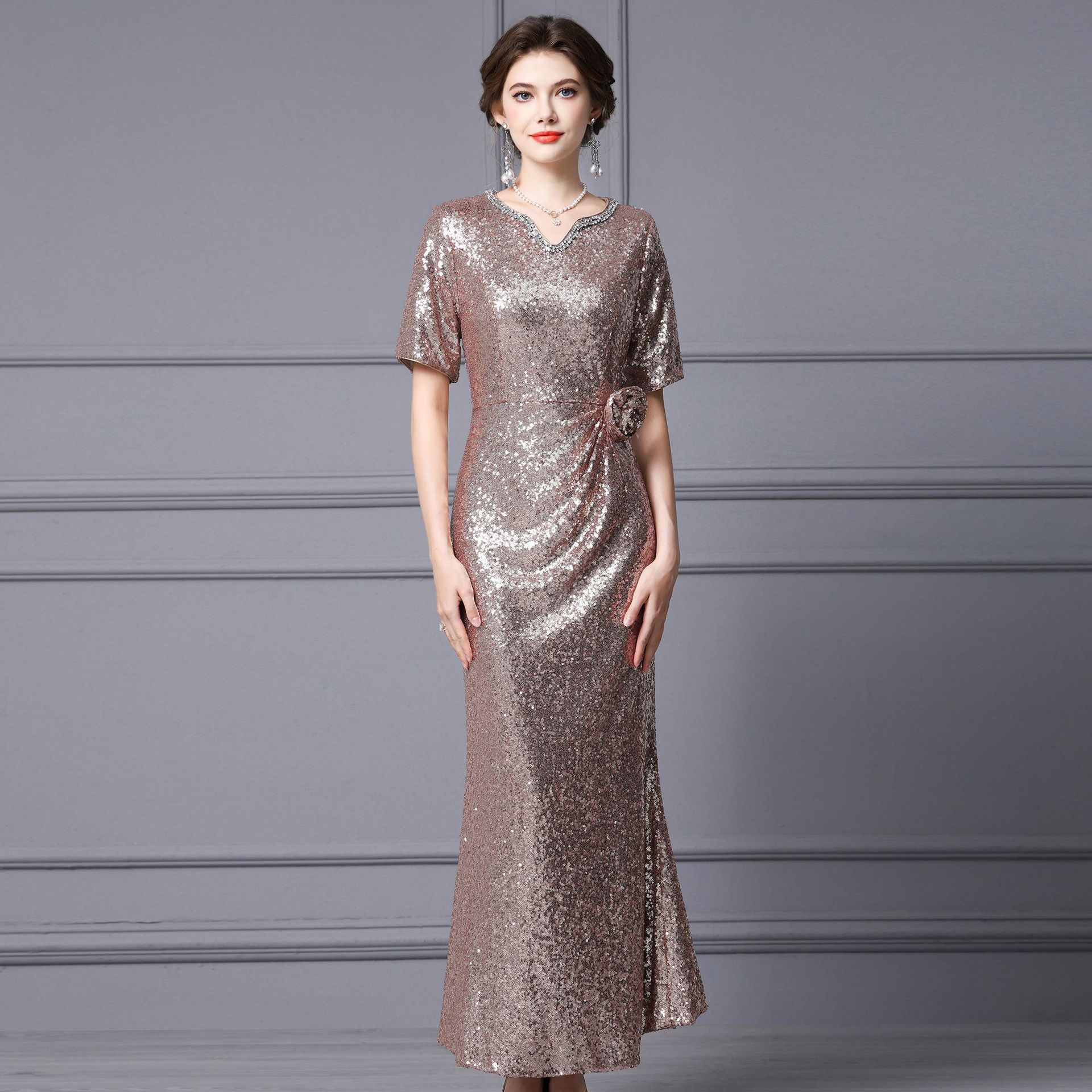 Zhili Elegant Dress for Important Occasions, Summer Women's 2026 New Model, Rhinestone Sequin Slim-Fit Long Light Formal Dress