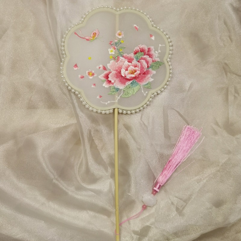 真珠手作り扇子、刺繍扇子、古風丸型扇子、民族風刺繍扇子、古典舞踊扇子|undefined