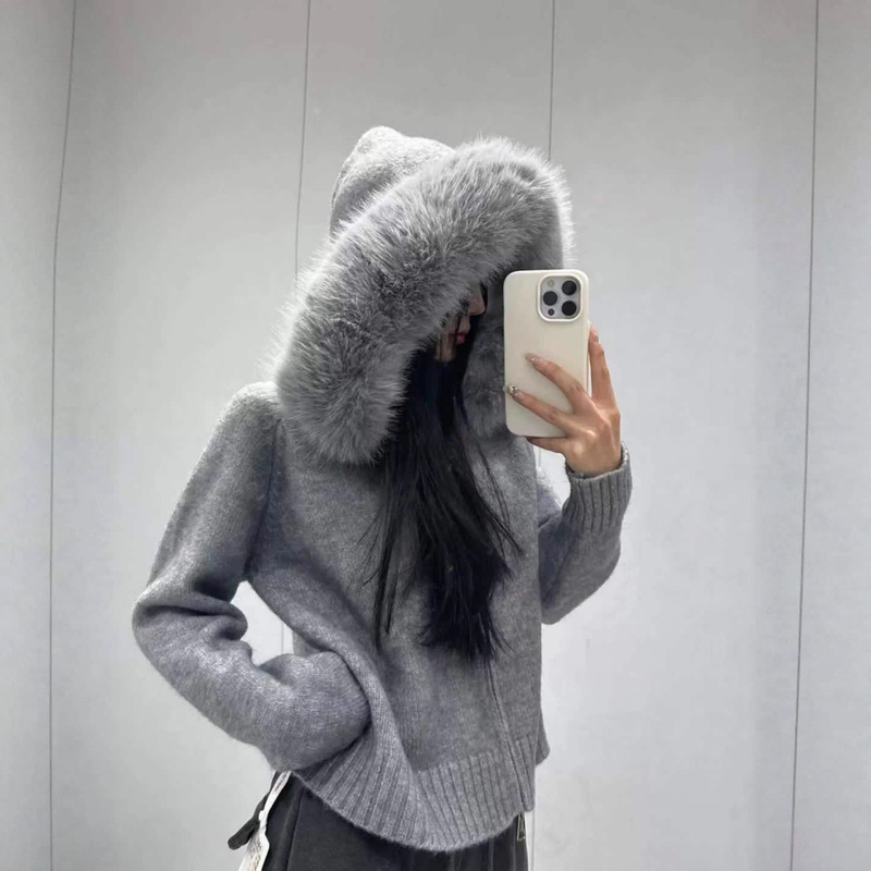 Cross-Border Korean Retro Autumn and Winter Knitted Cardigan for Women, Loose Casual Versatile Long-Sleeved Fur Collar Hooded Sweater Jacket for Women Cross-Border Korean Retro Autumn and Winter Knitted Cardigan for Women, Loose Casual Versatile Long-Sleeved Fur Collar Hooded Sweater Jacket for Women