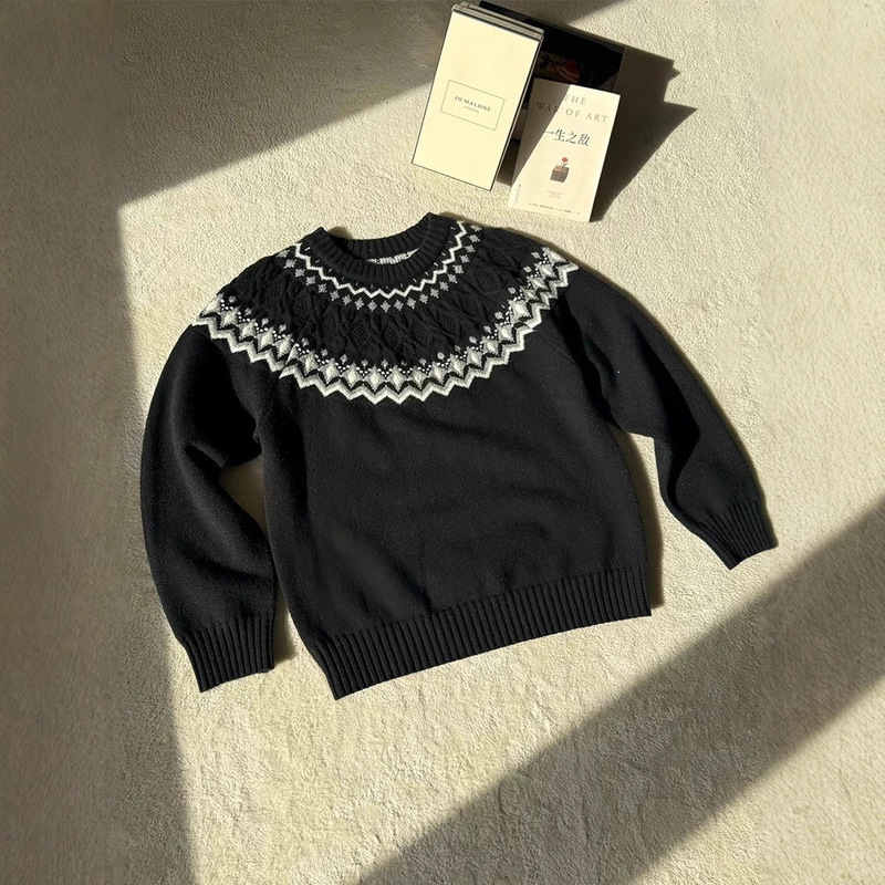 American Retro Fair Isle Boxy Sweater for Men, Autumn High-End Cable Knit Long-Sleeve T-Shirt, Heavy Weight, Regular Shoulder Base Shirt