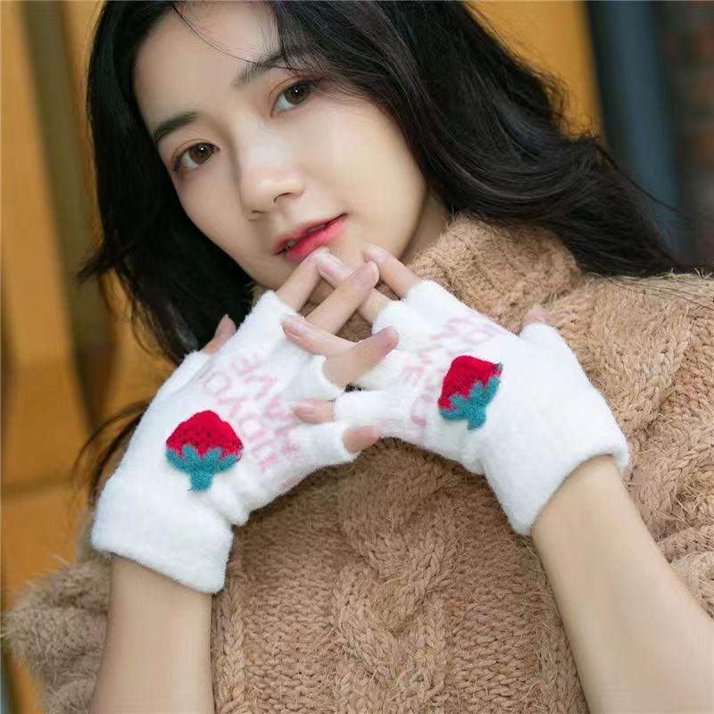 Invierno de las mujeres cálido forrado de lana engrosada estudiante escritura de moda montar lindo punto medio dedo flip guantes de dibujos animados