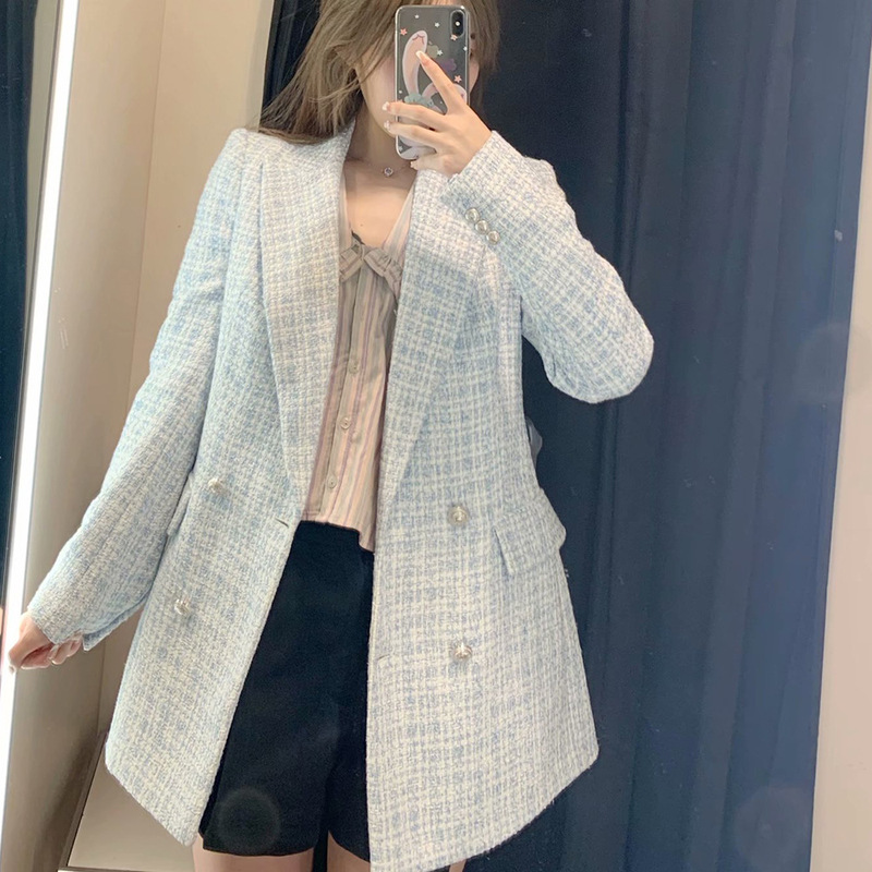 2021 Autumn New Amazon European and American women's wholesale tweed pocket decoration retro long sleeve suit jacket