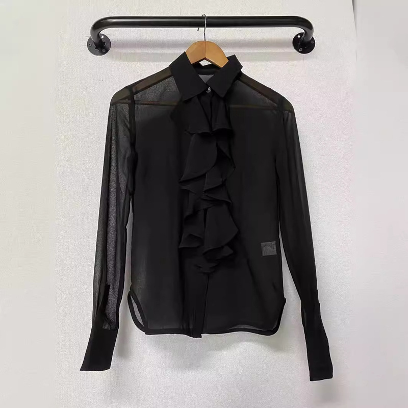 北欧ga家2024早秋新商品黒ハスの葉の周りにスリムに見える薄い襟のシフォンシャツ長袖の女性|undefined