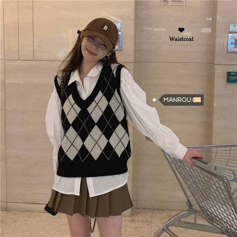 Rhombus chaleco suéter nicho chaleco primavera y otoño 2024 nuevo Popular Superior de las mujeres apiladas suéter exterior