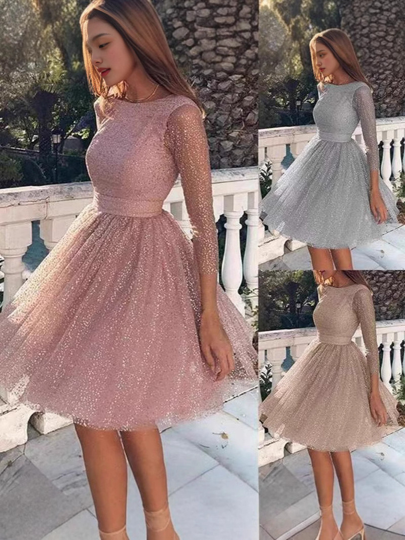 2026 cross-border ladies sparkling long-sleeved dress high waist evening dress cocktail dress fashionable dress slim