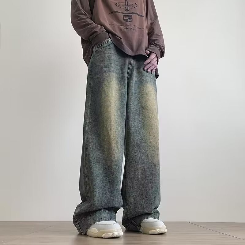 Shabby Retro Blue Jeans Men's Wide Leg Jeans Men's Oversized Street Fashion Casual Straight