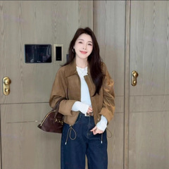 欧货麂皮绒纯色翻领短外套女早秋新款高级感时尚复古抽绳收腰上衣