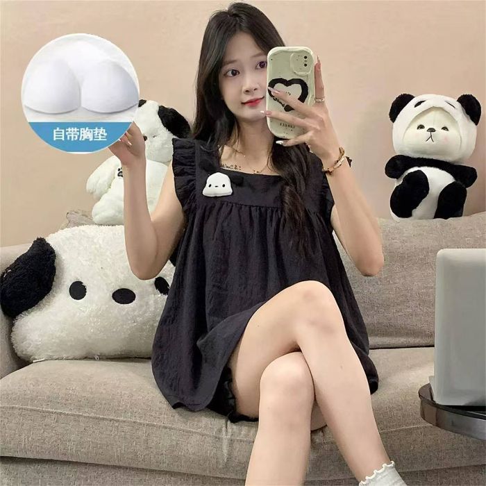 Pijamas transfronterizos con almohadilla para el pecho para mujer verano nube hilo de algodón cabestrillo pequeño pantalones cortos de manga voladora lindo dibujos animados estudiante servicio a domicilio