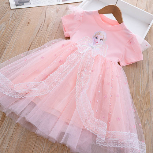Girls Summer Dress 2024 New Style Bingbing Elsa Princess Dress Children's Puffy Mesh Dress